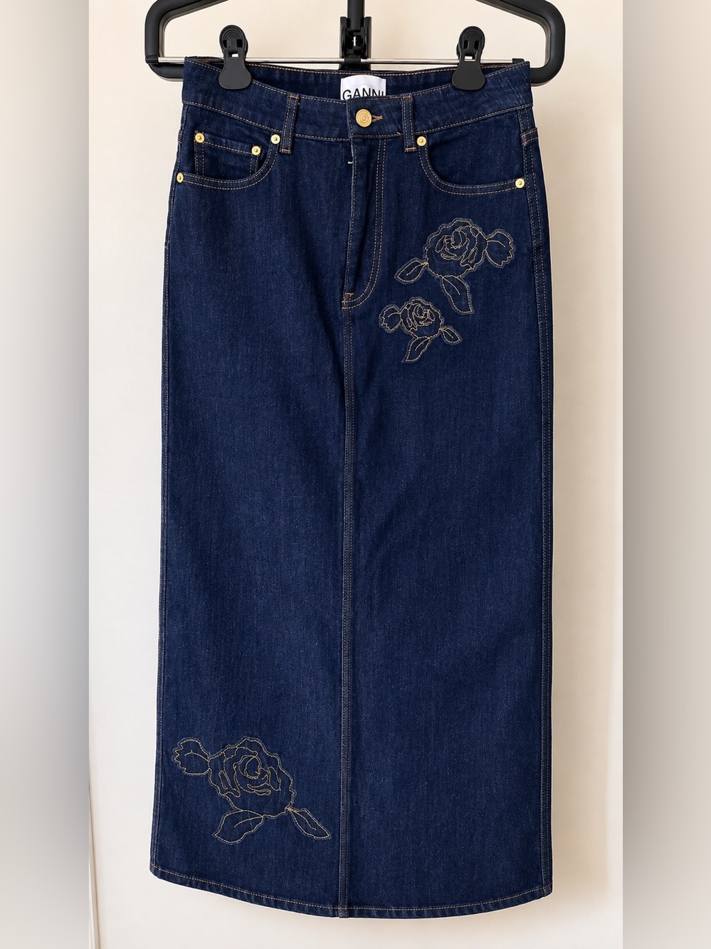 GANNI Dark Denim Embroidered Maxi Skirt – Size 38